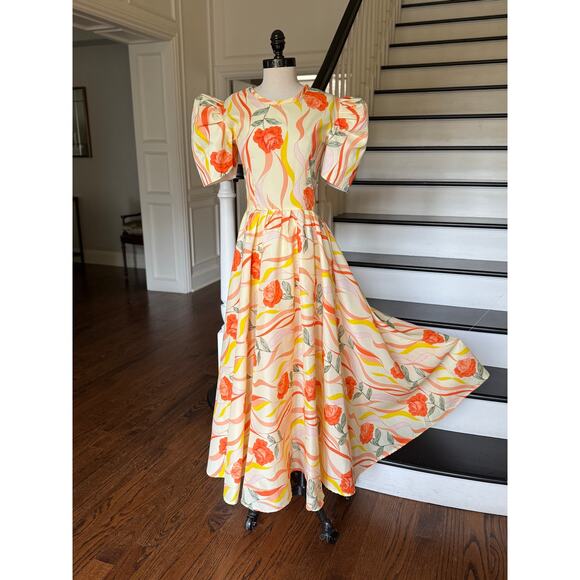 Vintage 80s does 30s 40s Orange Sherbet Coral Floral Maxi Dress Poof Sleeve - Picture 2 of 12